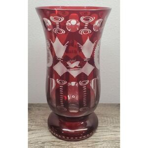Vintage Egermann Bohemian Ruby Red Vase Cut To Clear Etched Glass 10" Tall READ